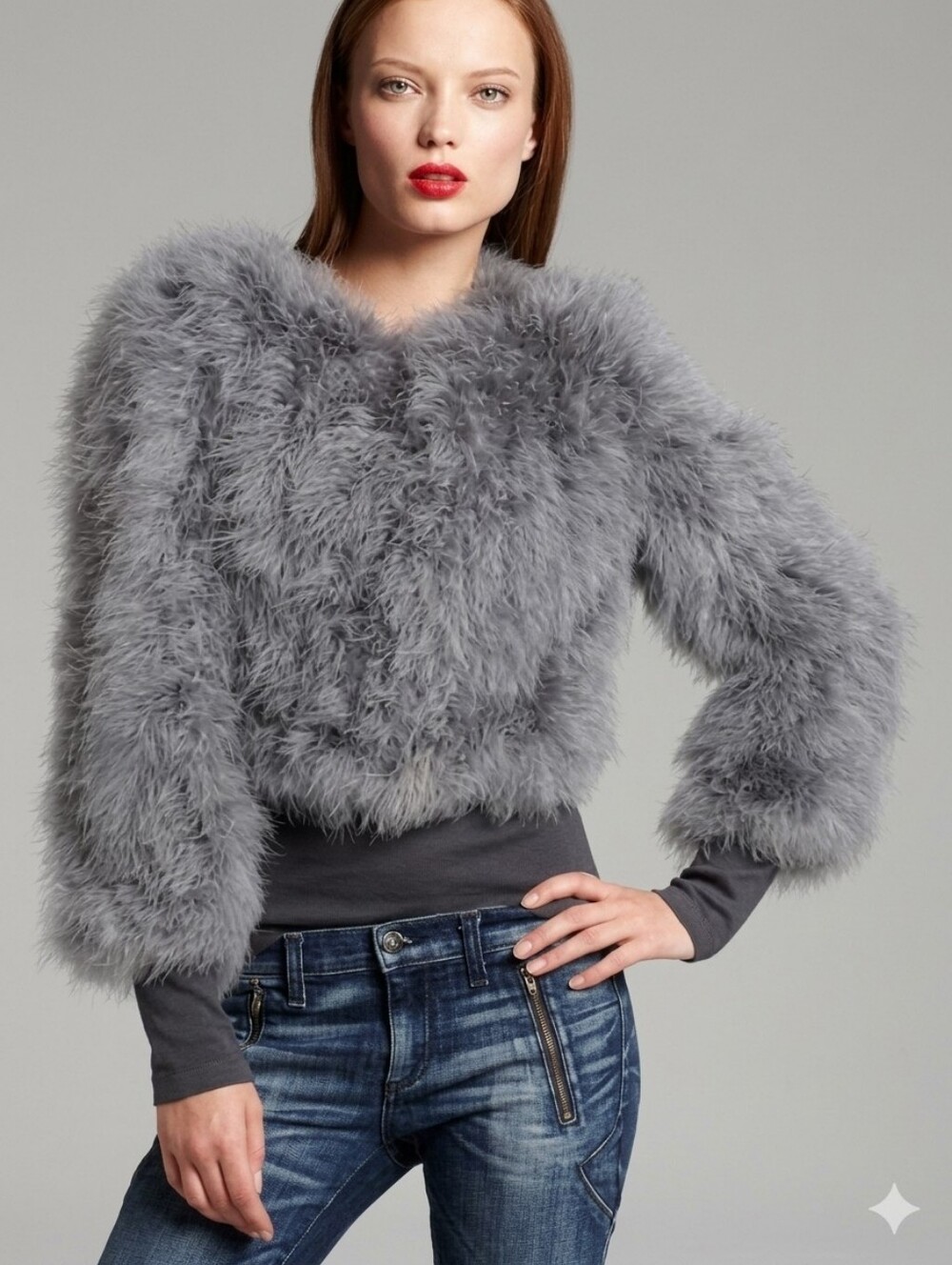 BCBGMaxizaria Margaret Glacier Grey Gray Turkey Feather Cropped Jacket Small